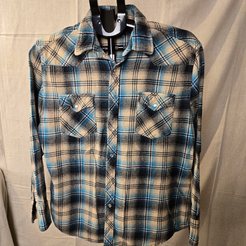 Wrangler Wrancher Plaid Flannel Shirt Men's Medium Blue Beige Vintage